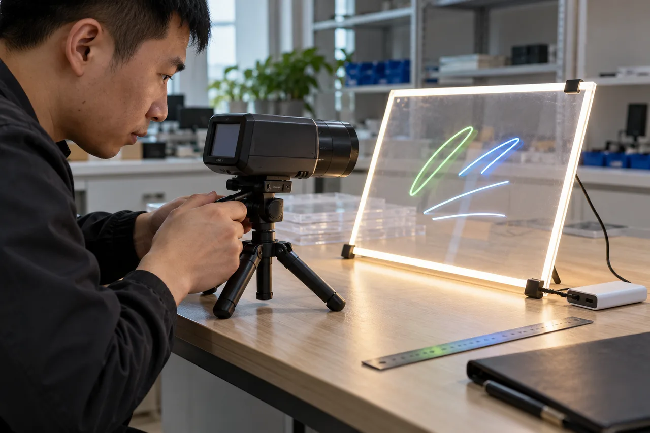 Light-measurement instrument positioned beside a lit acrylic LED drawing board