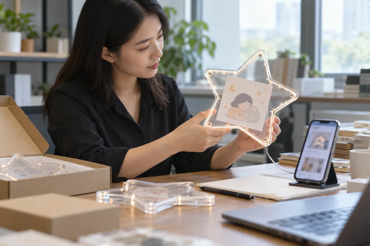 Asian buyer reviewing printed instructions and phone-based help for an LED drawing board