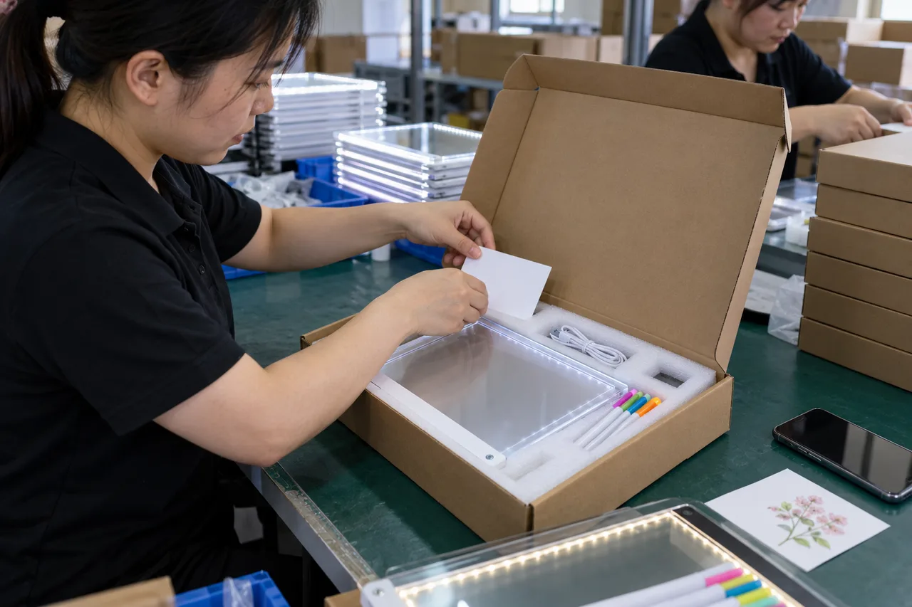 Chinese packaging staff placing a plain instruction card in an LED drawing board box