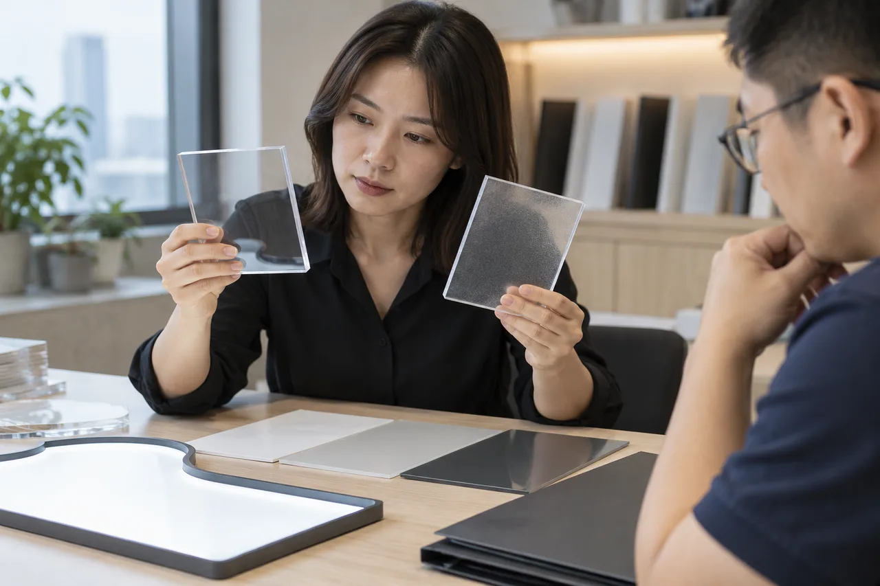 Asian buyer comparing two clear acrylic sheet samples with blank material reference cards