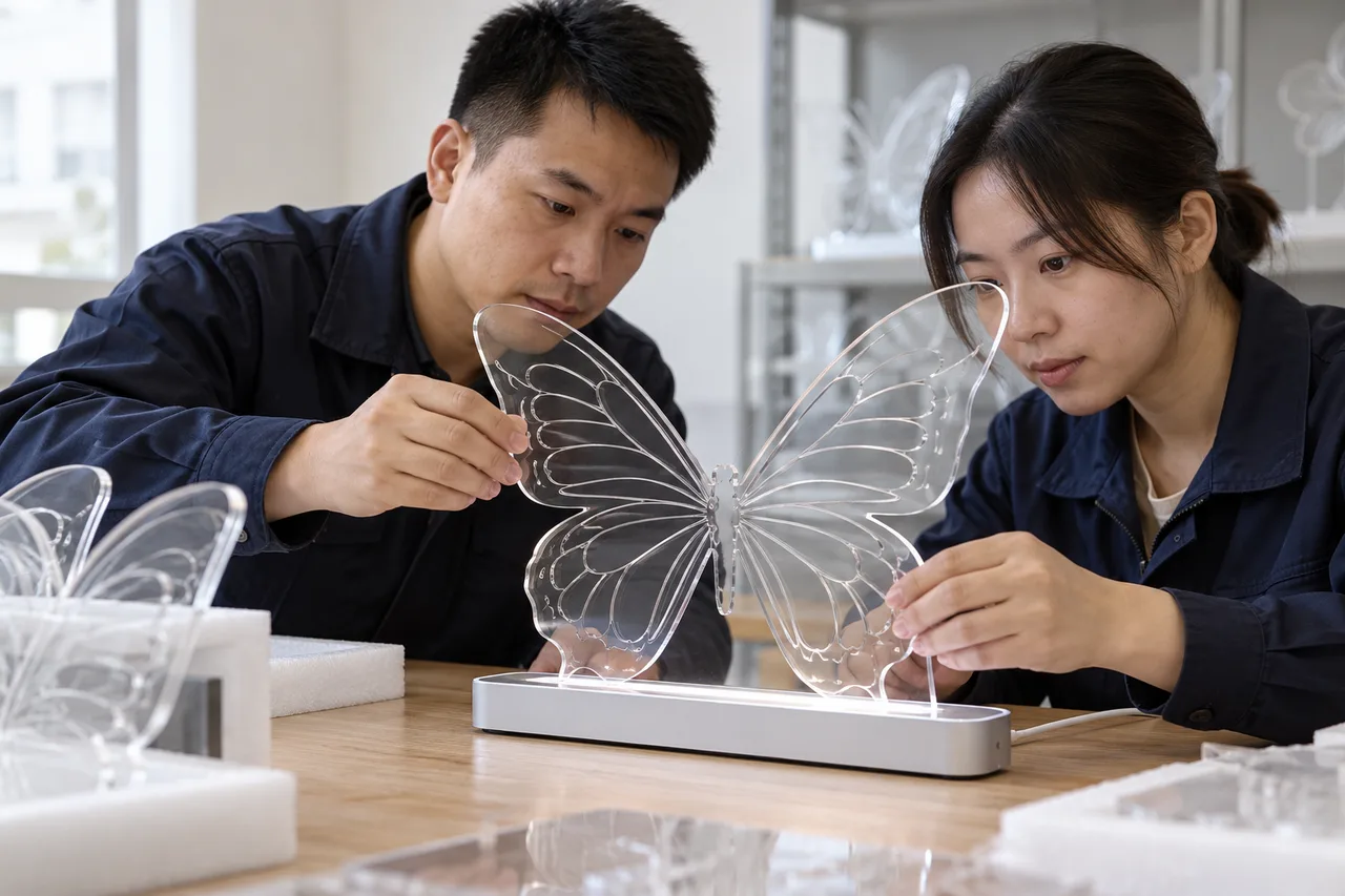Chinese factory staff inspecting the clarity and base fit of an acrylic LED panel