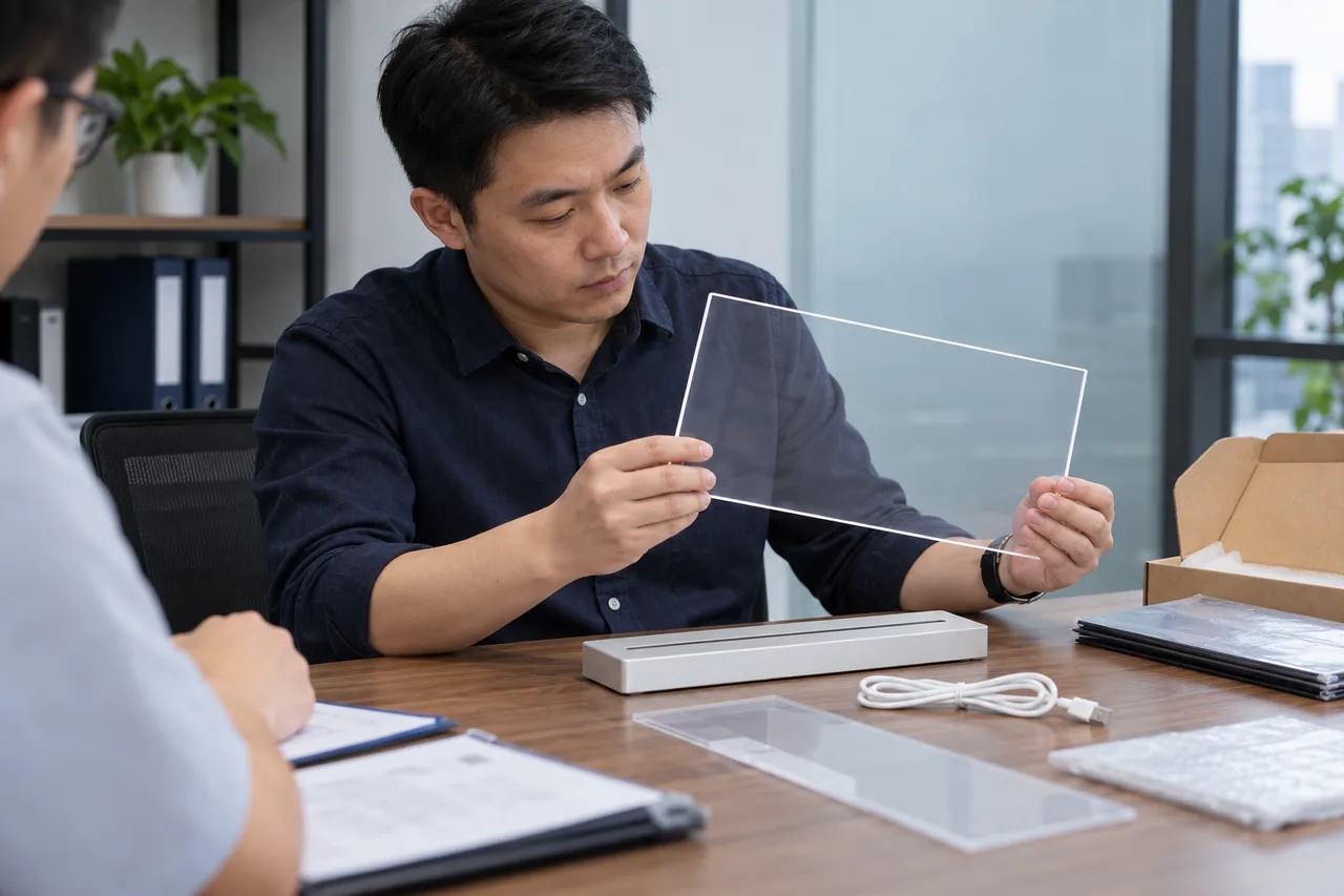 Asian importer reviewing component evidence folders for an acrylic LED drawing board