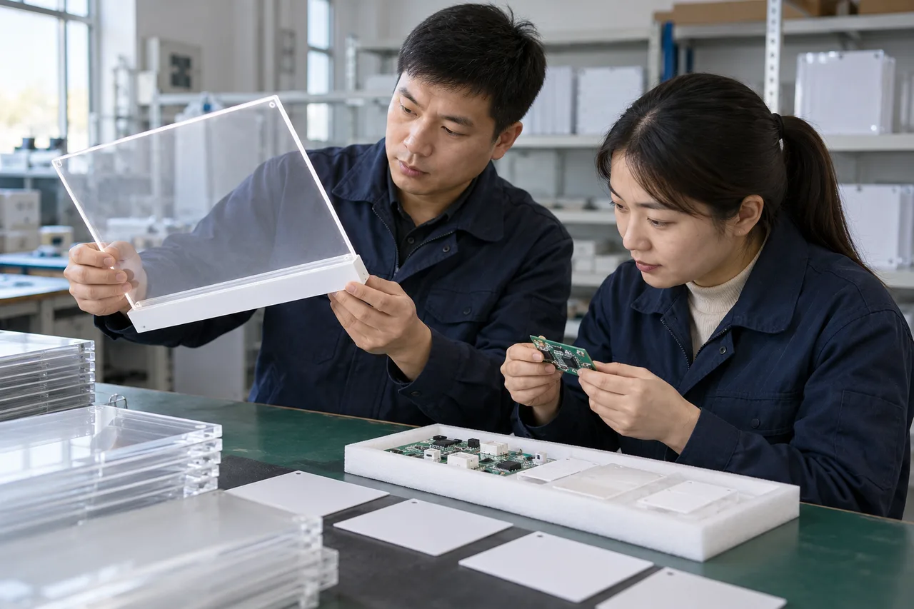 Chinese quality staff examining unpowered LED board base components on a sample bench