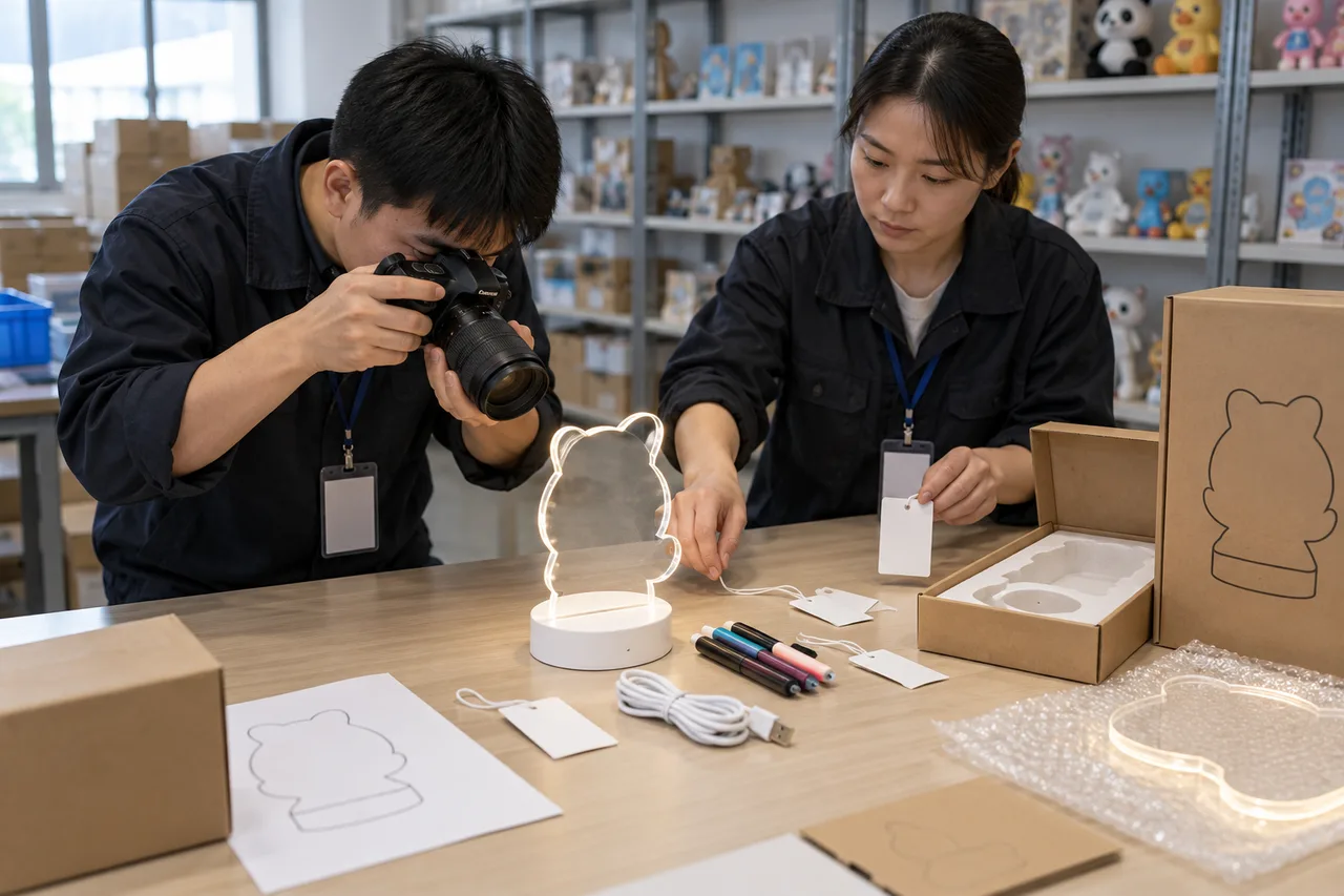 Chinese factory staff documenting an LED drawing board model for Taiwan import review