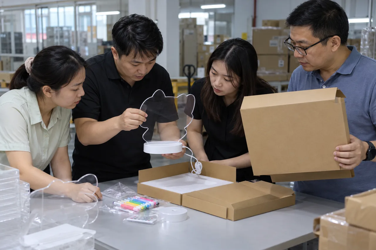 Chinese factory staff comparing an LED drawing board sample with packaging artwork