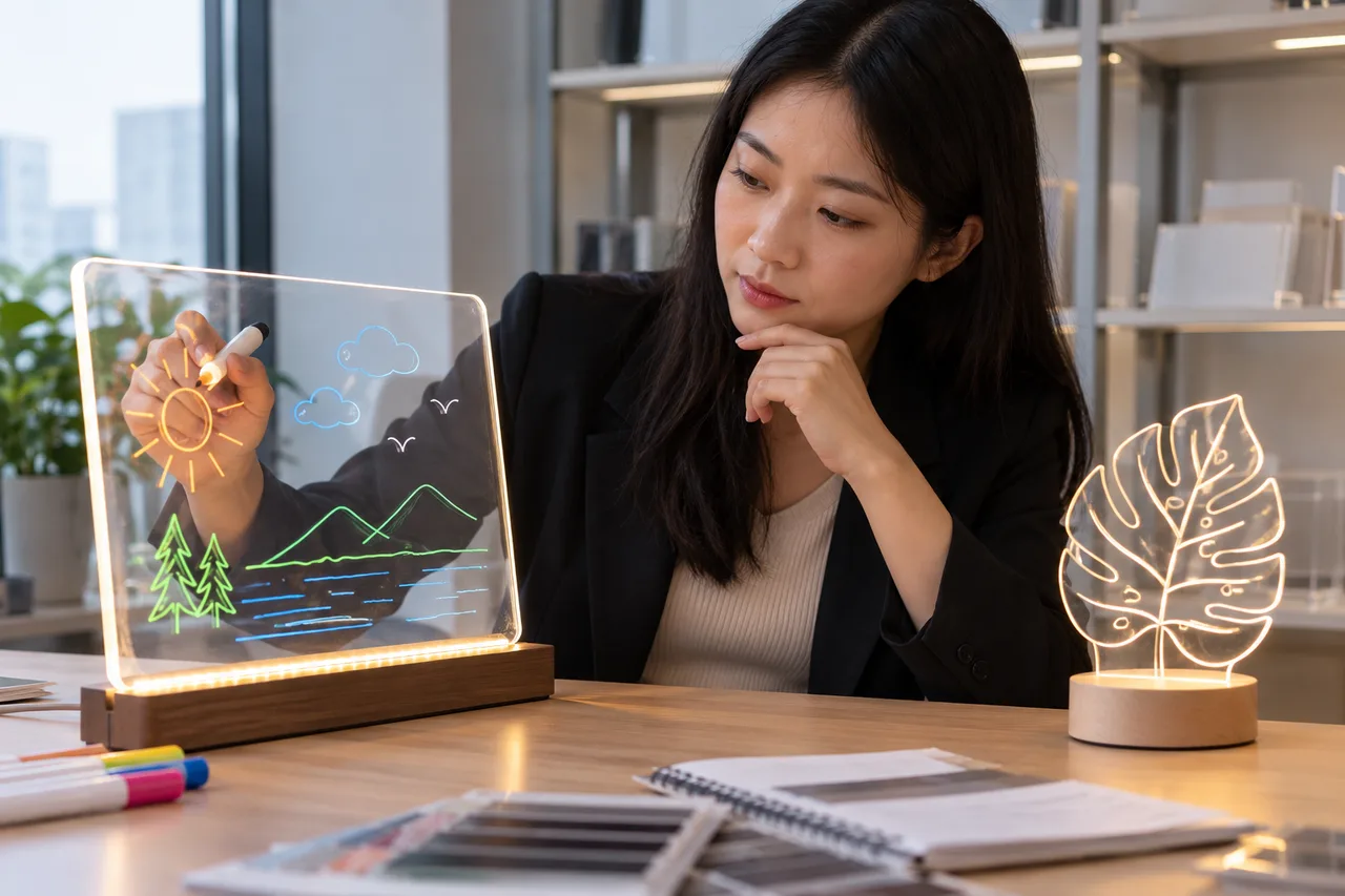 Asian buyer comparing a reusable LED drawing board with a decorative acrylic light sample