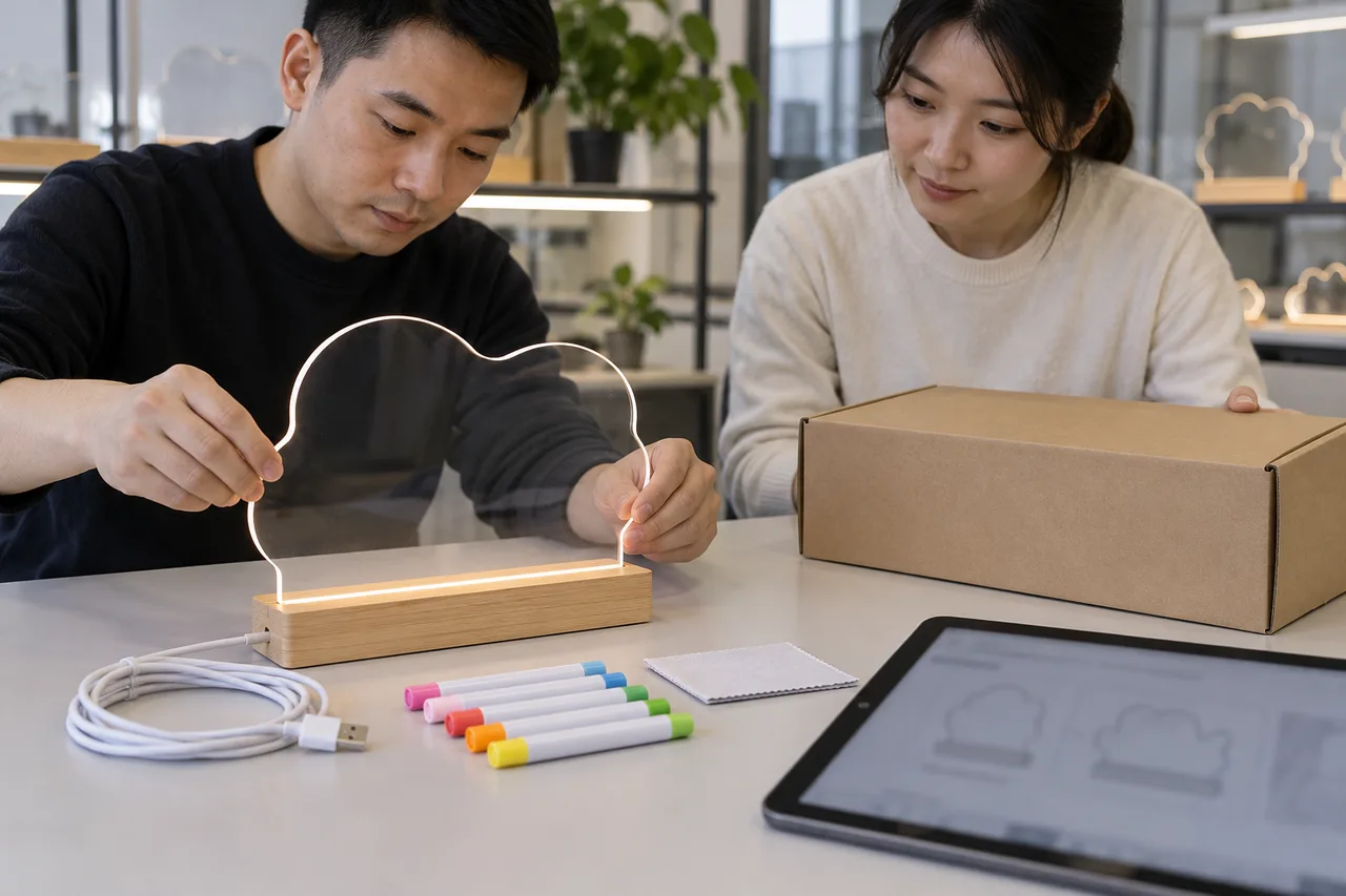 Chinese staff arranging LED acrylic board components for a technical classification brief