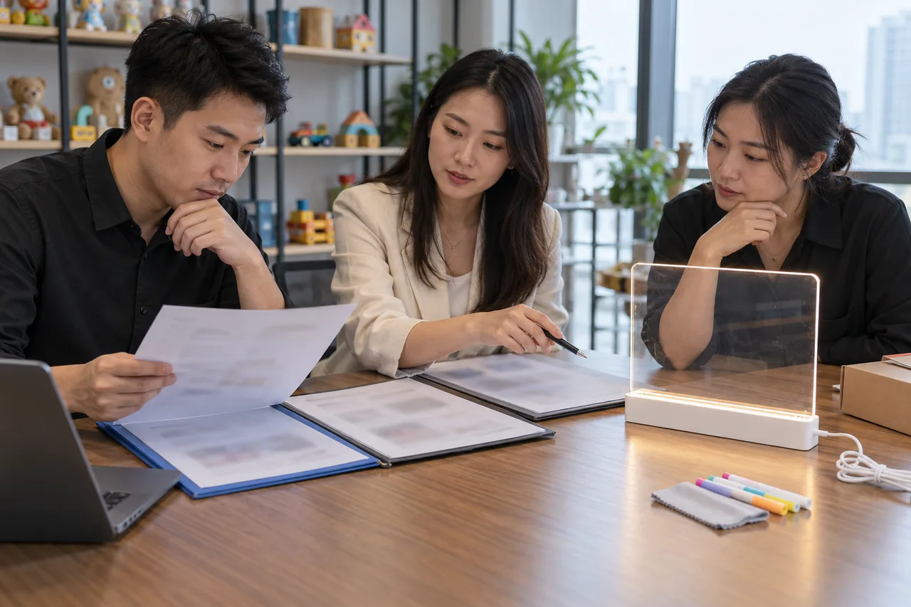 Asian importer reviewing three plain market folders beside a complete LED drawing board set