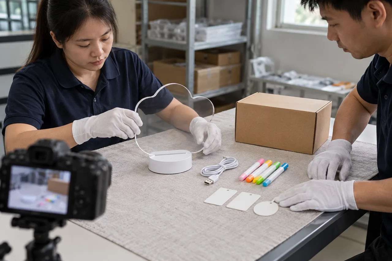 Chinese sample staff arranging an acrylic board and accessories for laboratory identification