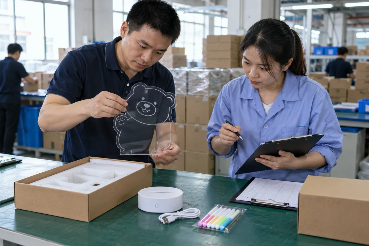 Chinese factory team checking a shaped LED drawing board sample and shipment records