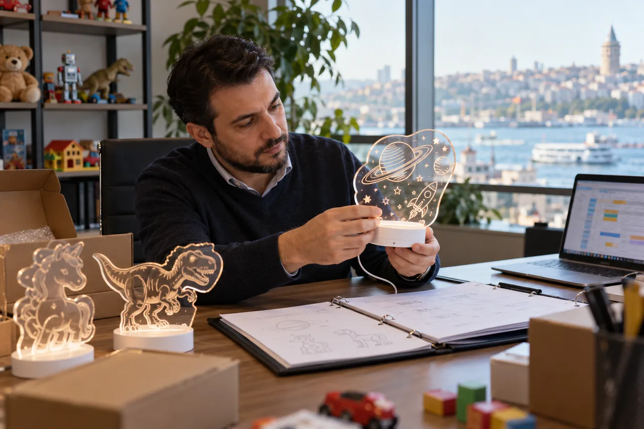 Turkish importer reviewing an LED drawing board and toy import inspection file