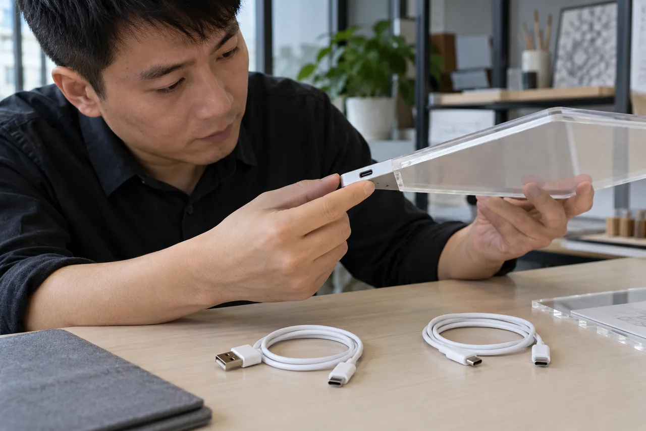 Adult buyer inspecting a USB-C port on an acrylic LED drawing board base