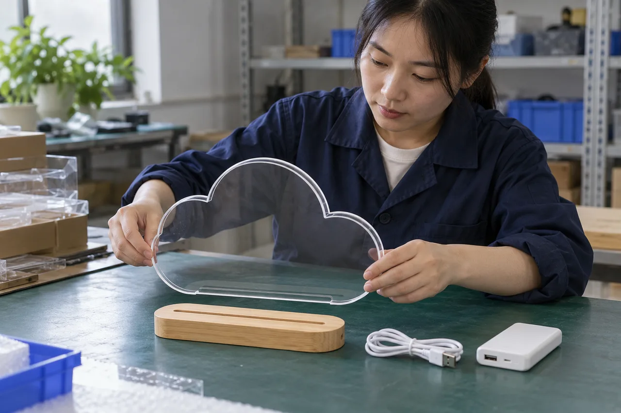 Chinese technician preparing an LED drawing board USB cable and separate power source