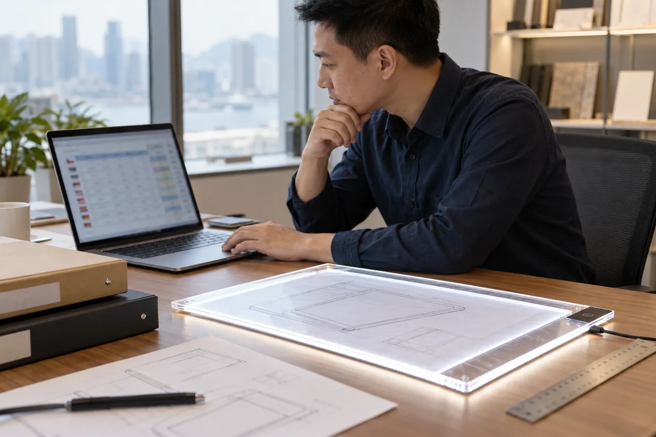 Asian importer reviewing a country planning sheet beside an acrylic LED drawing board
