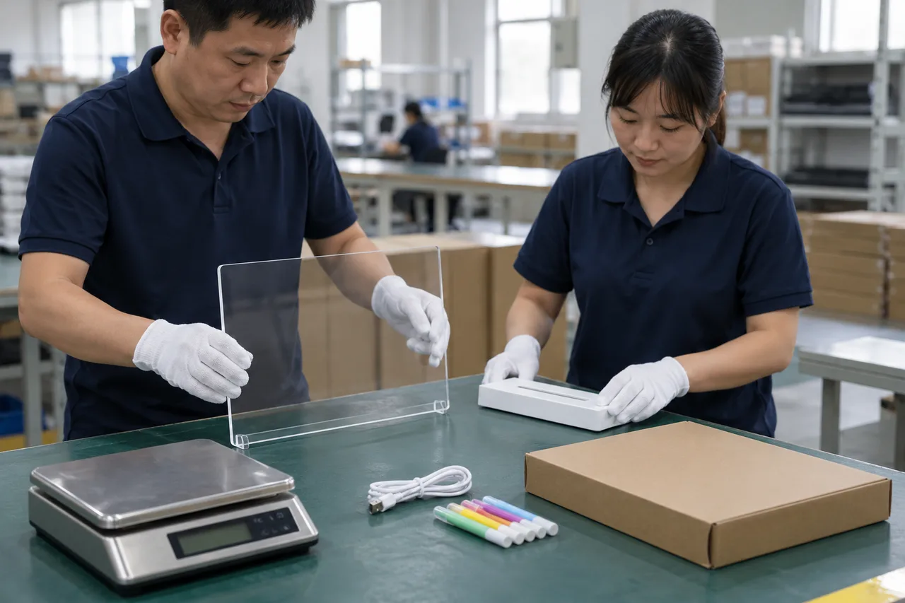 Chinese factory staff arranging an LED board and separate components beside a product scale