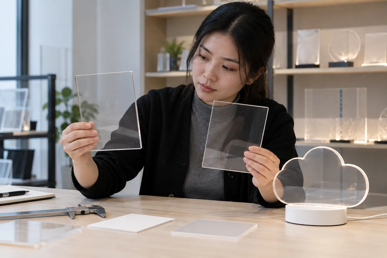 Asian buyer comparing two clear acrylic panels and a shaped LED board