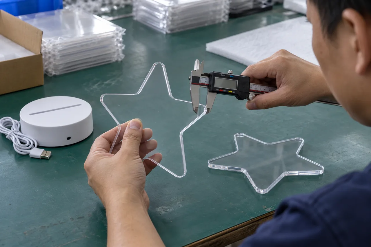 Chinese technician using a caliper to review a clear star-shaped acrylic drawing panel