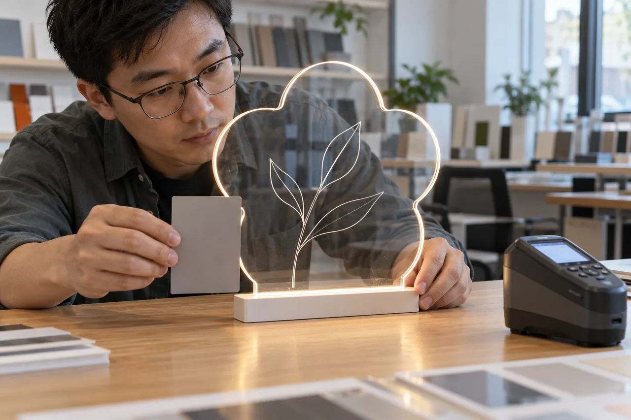 Chinese sample reviewer with a neutral reference card beside a transparent flower LED drawing board