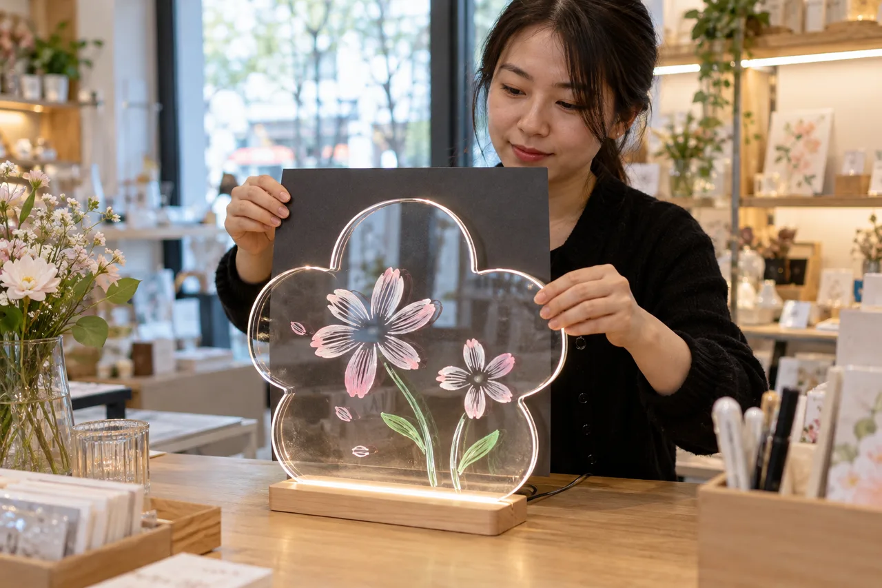Chinese merchandiser positioning a neutral backdrop behind a clear acrylic LED board