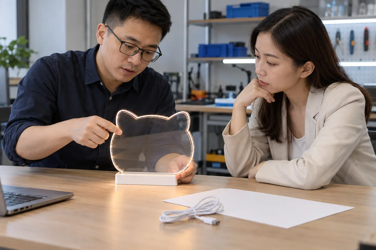Asian buyer and Chinese engineer reviewing an LED board configuration before technical assessment