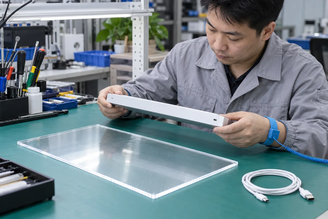 Chinese technician handling an unpowered LED drawing board base on an ESD workbench