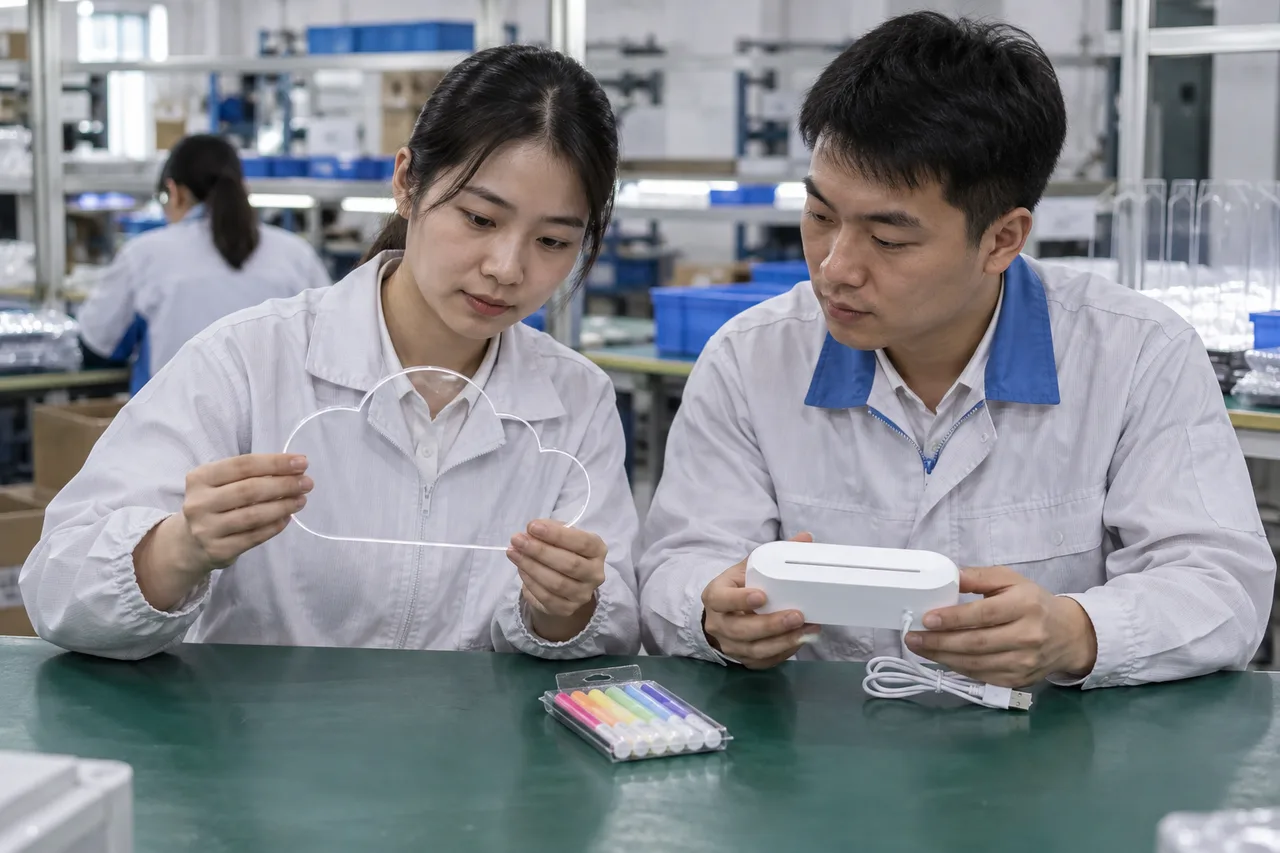 Chinese factory sample staff inspecting an acrylic panel, LED base and capped markers