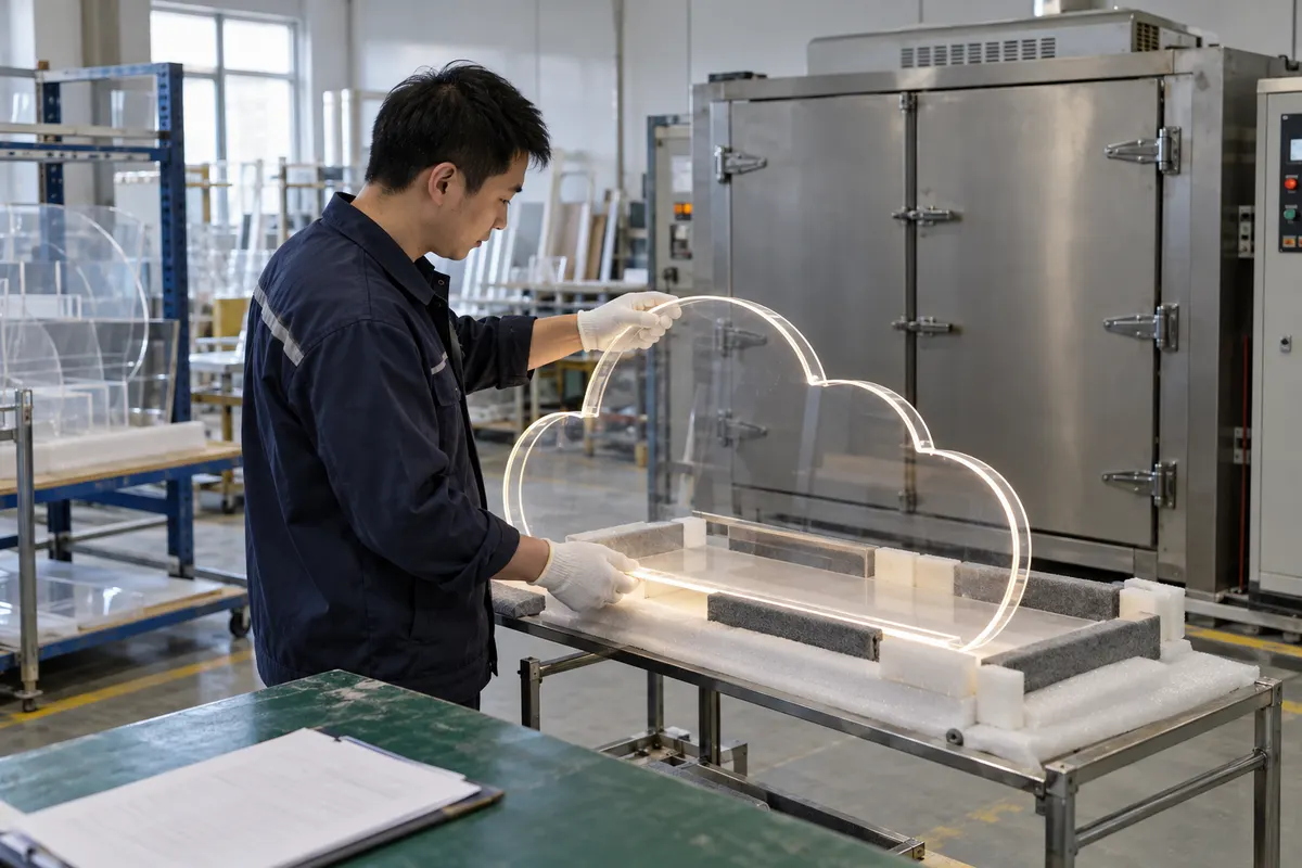 Chinese engineer reviewing a shaped acrylic panel before an annealing process