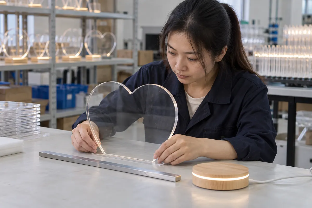 Chinese technician checking acrylic panel flatness and LED base fit