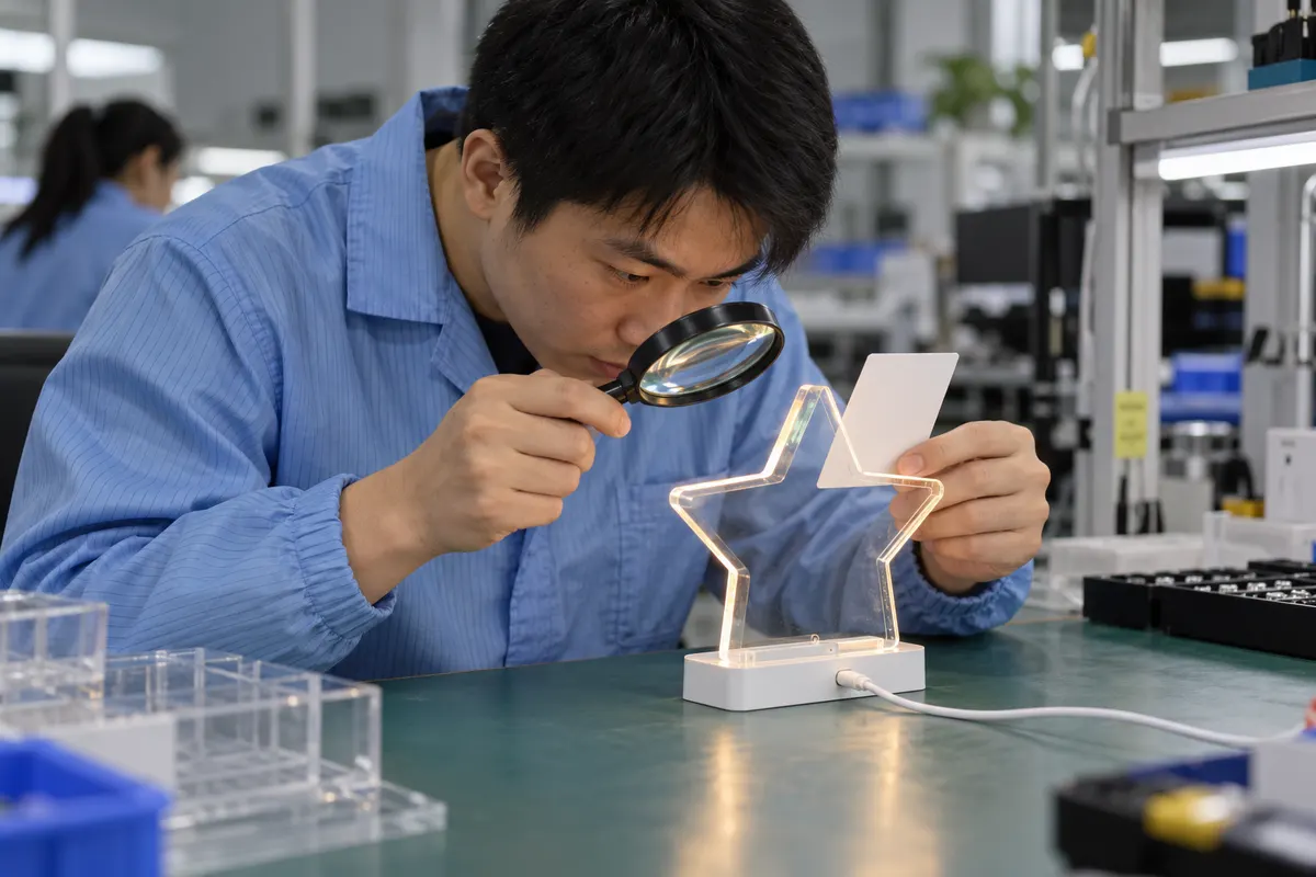 Chinese engineer inspecting USB connector on LED drawing board base