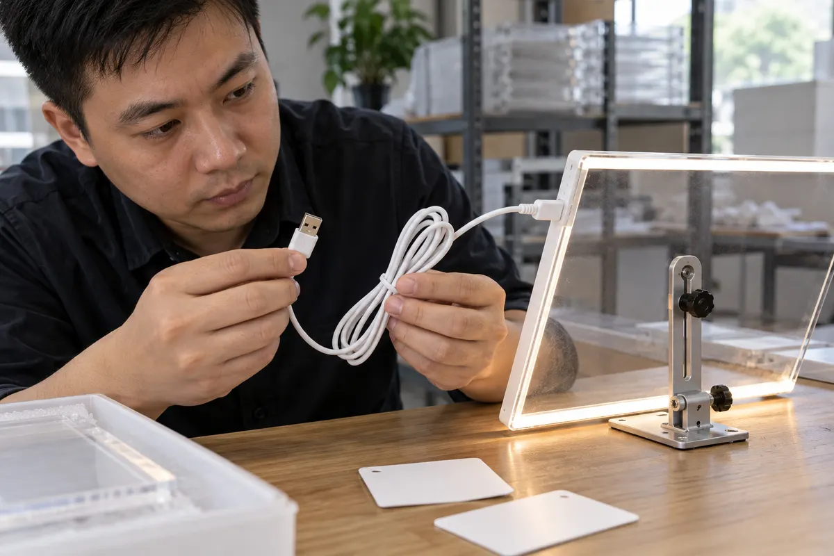 Asian quality reviewer checking LED board cable strain