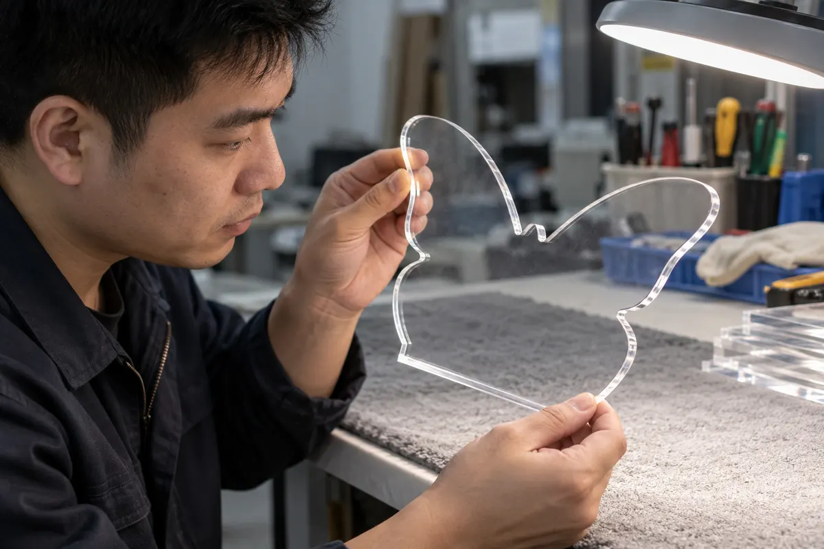 Chinese technician inspecting the polished corner of a shaped acrylic LED panel