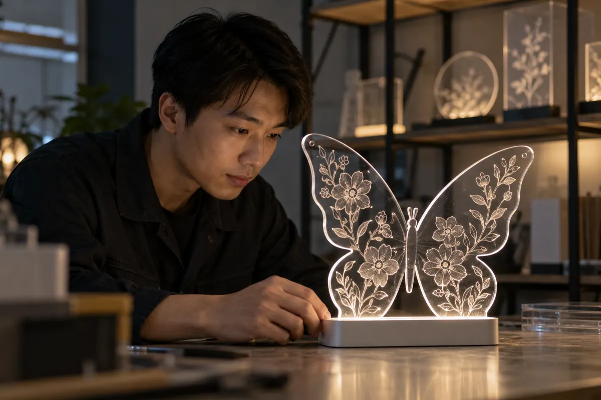Chinese technician reviewing engraved line glow on an LED acrylic board