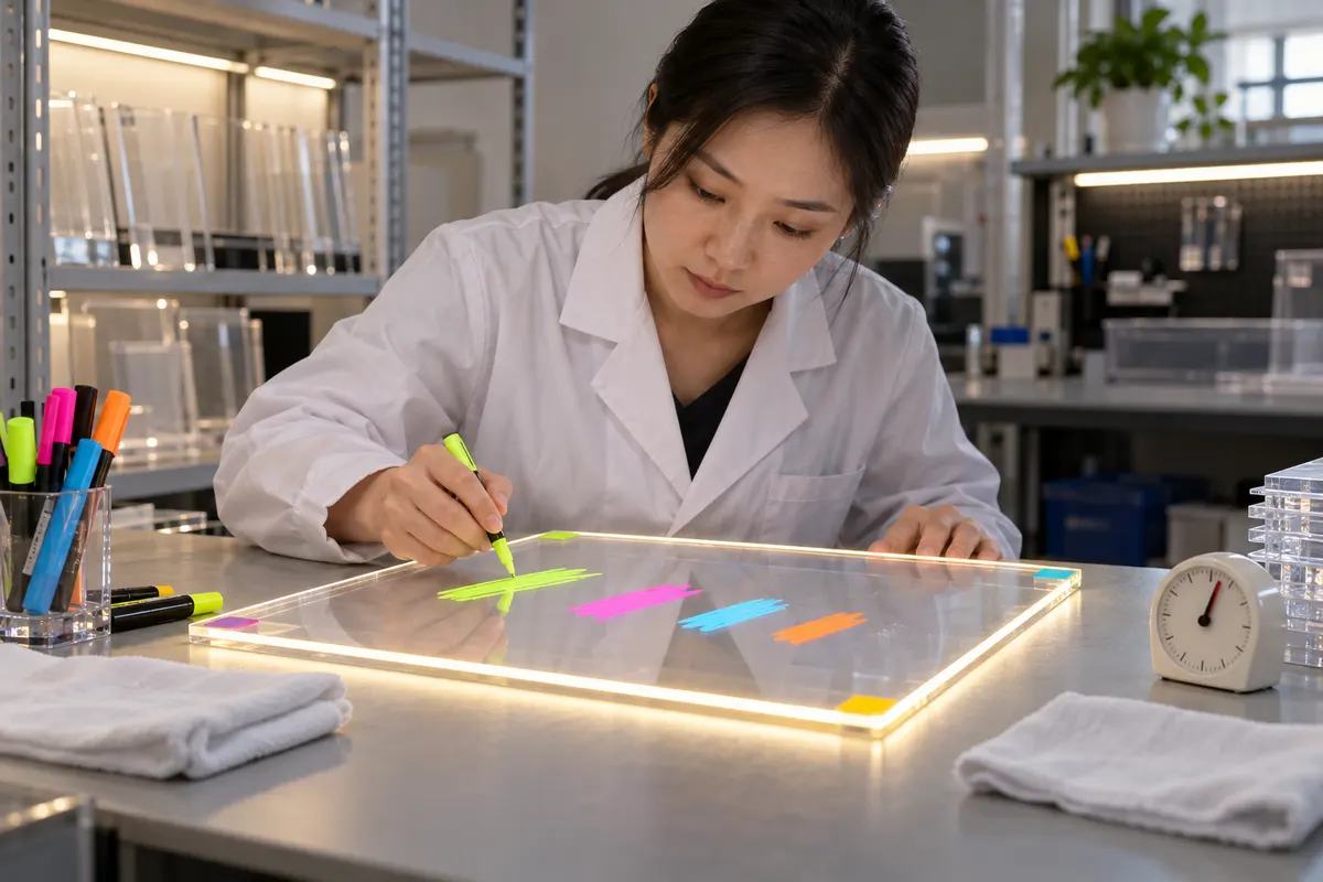 Chinese technician testing marker dwell time on LED acrylic board