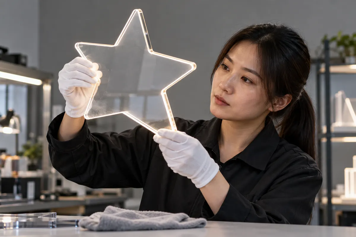 Asian reviewer checking cleaned LED acrylic board for marker ghosting