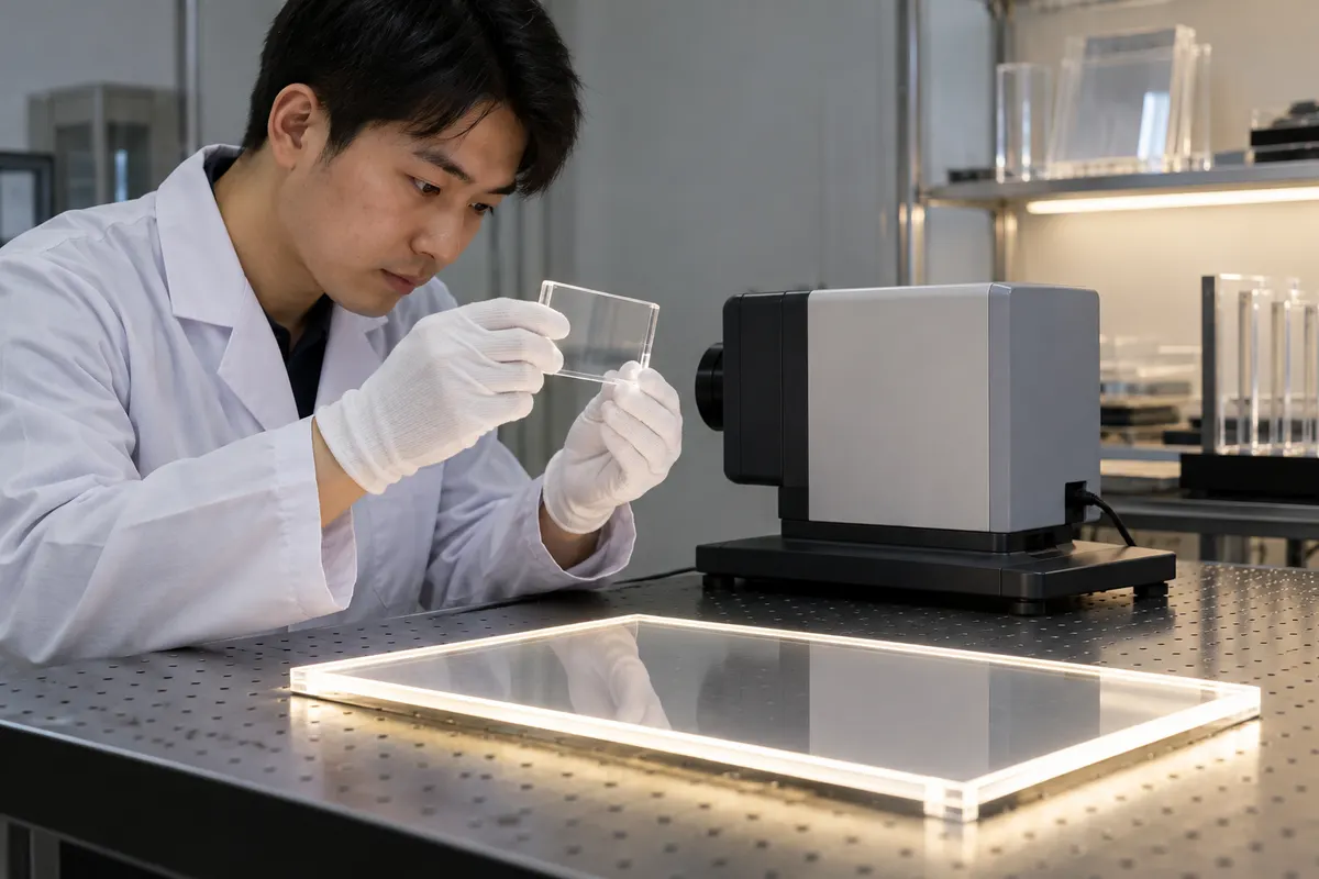 Chinese technician preparing an acrylic panel specimen for haze review