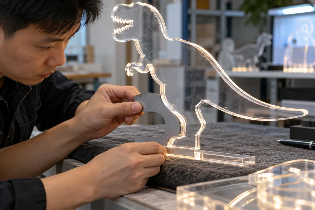 Chinese technician inspecting slot and curved edge on custom acrylic LED panel