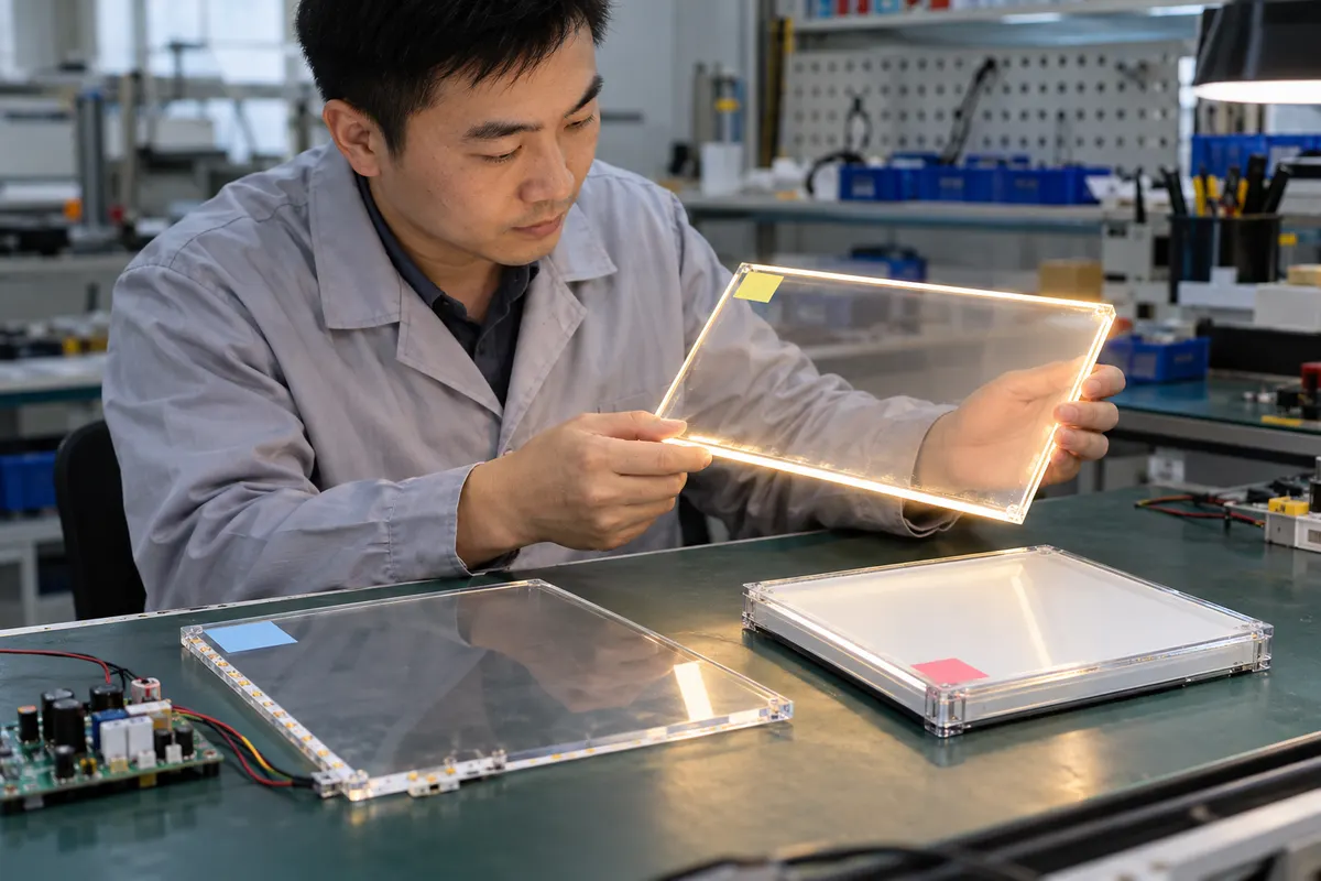 Chinese quality engineer checking LED bin and approved board sample