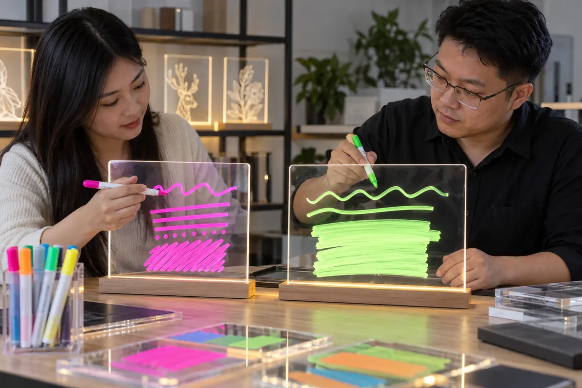 Asian buyer comparing bullet and chisel markers on LED drawing board