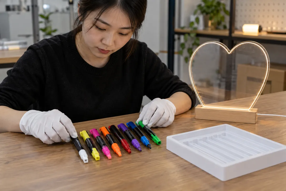 Chinese quality reviewer inspecting LED board marker set