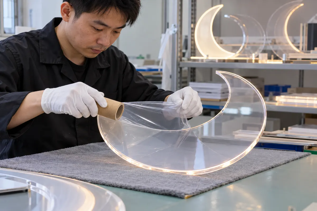 Chinese technician removing protective film from a clear acrylic LED panel