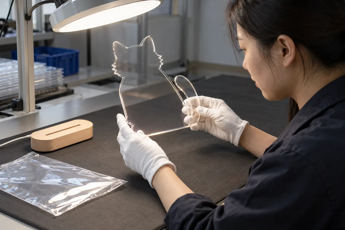 Chinese inspector checking an unmasked acrylic drawing board panel