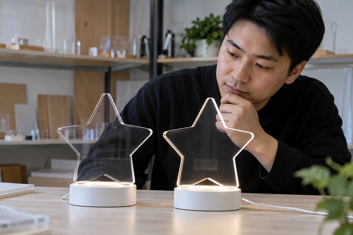 PMMA and polycarbonate shaped LED panels compared in identical bases
