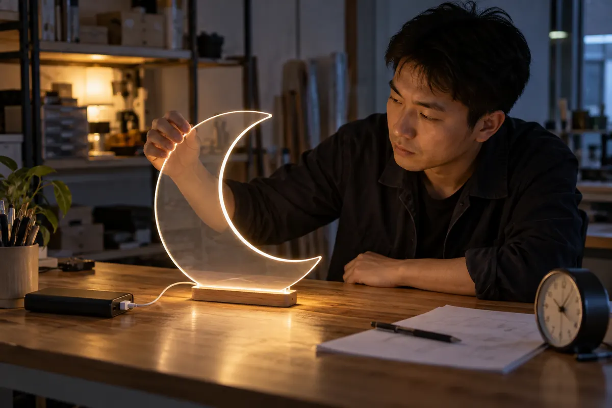 Chinese technician observing LED board powered by a power bank