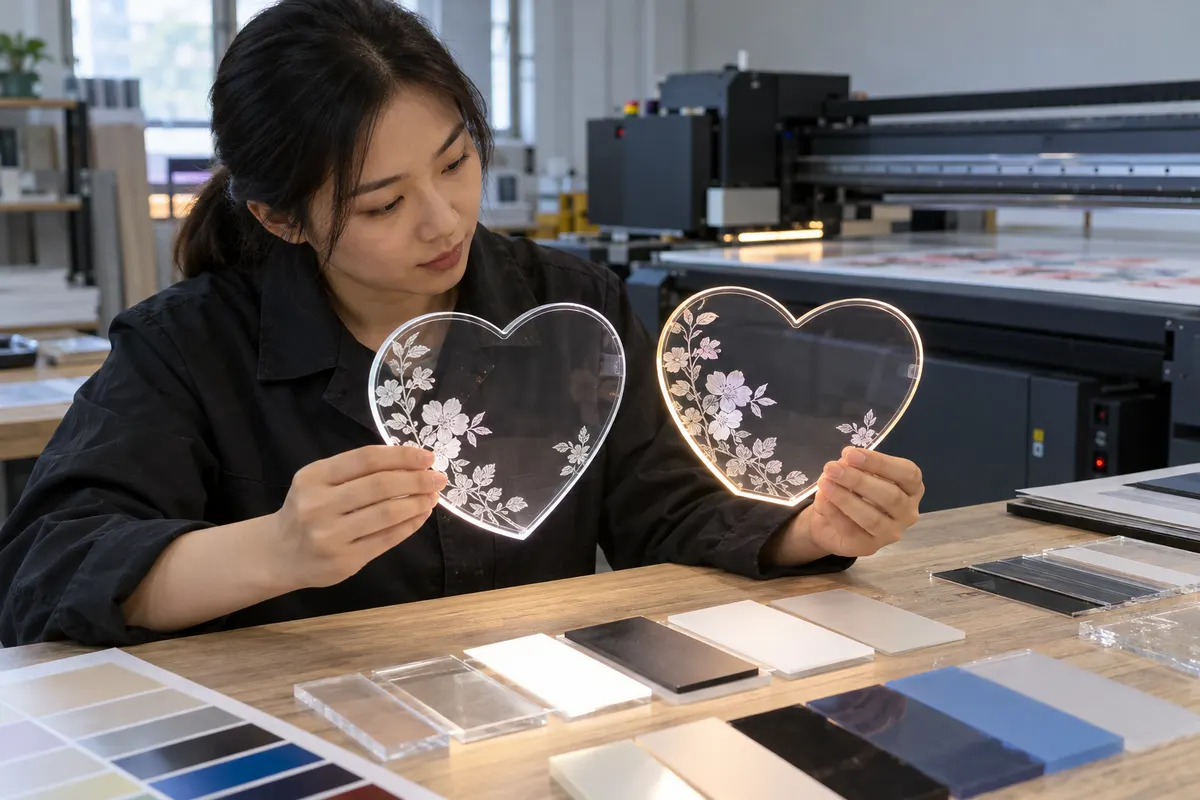 Chinese engineer comparing UV-printed acrylic LED panel samples