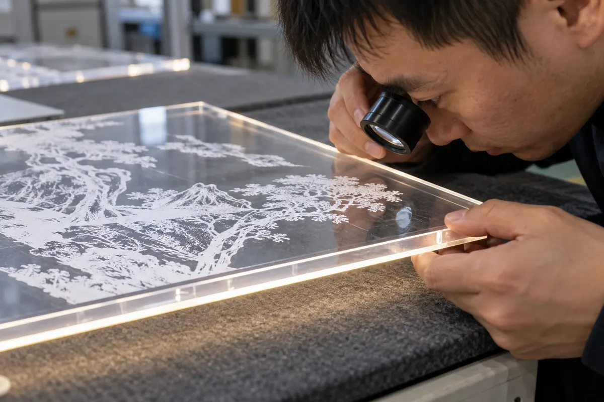Chinese technician inspecting print adhesion on an acrylic LED panel