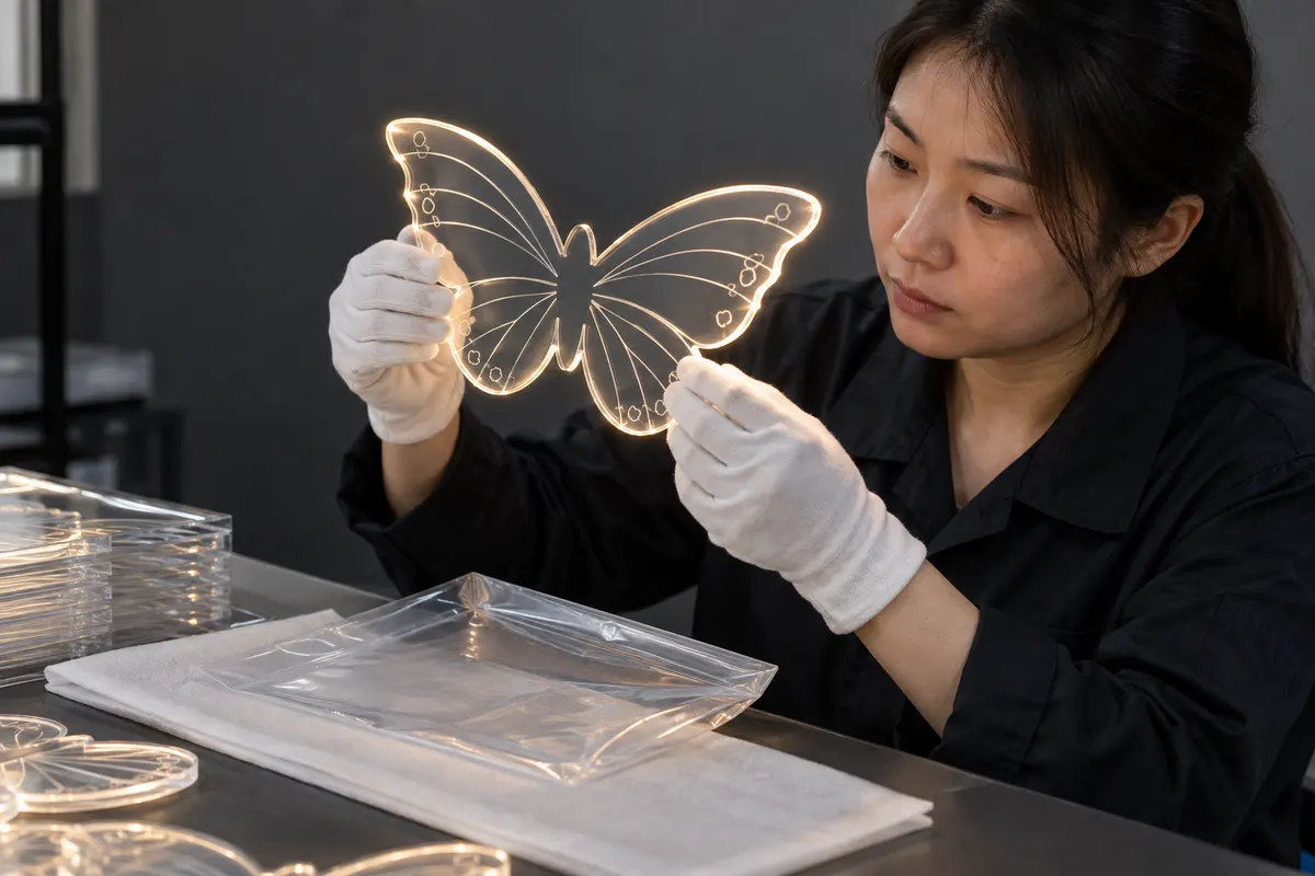 Asian quality inspector checking clear LED board for dust