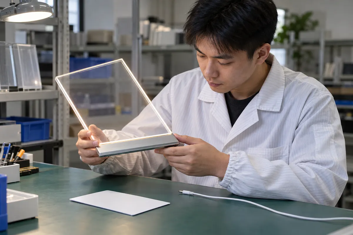 Asian reviewer inspecting LED drawing board base after thermal review