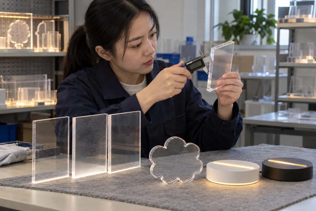 Chinese engineer comparing acrylic thickness and LED base slot fit