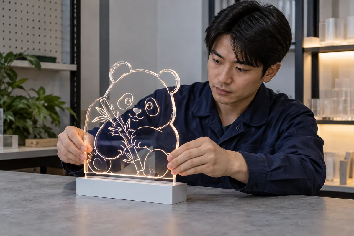 Chinese technician checking shaped acrylic LED panel alignment in base