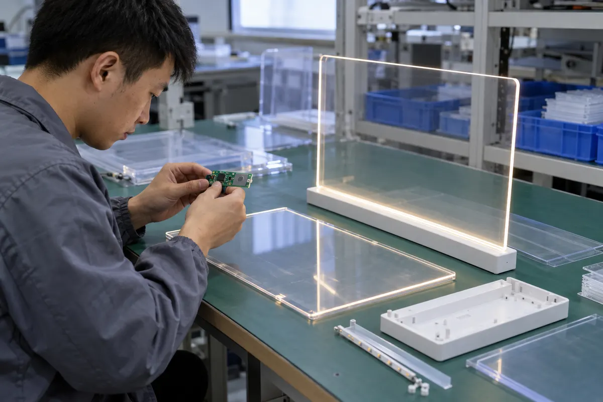 Chinese technician inspecting LED board touch control assembly
